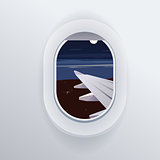 View from airplane. Window plane. Vacation destinations. Summer holiday. Tropical beach. Night. Flat web vector illustration