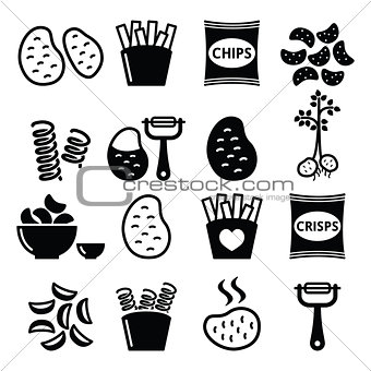 Potato, French fries, crisps, chips vector icons set