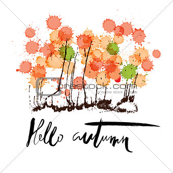 Hello autumn. Hand drawn lettering on abstract watercolor blots background