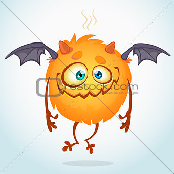 Happy cartoon monster. Halloween vector monster flying with two wings