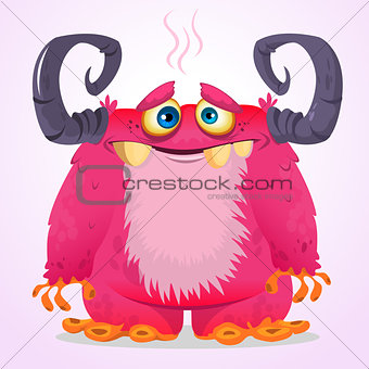 Happy cartoon pink monster. Halloween vector furry monster with two horns