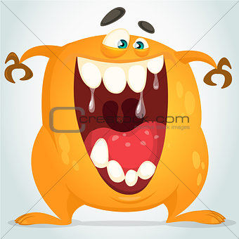 Happy cartoon yellow monster. Halloween vector monster smiling with big teeth