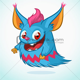 Cute cartoon monster. Halloween vector blue furry monster flying