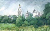 Russian landscape with a monastery, watercolor