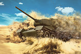 Battle Tank is moving in the desert