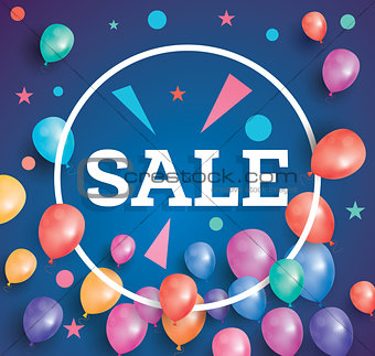Sale poster on blue background with flying balloons and white ci