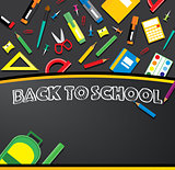 School supplies on blackboard background. 
