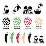 Spices icons - black pepper, red, green and white design