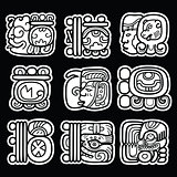 Maya glyphs, writing system and languge vector design on black background