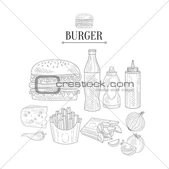 Fast Food Lunch Set Hand Drawn Realistic Sketch