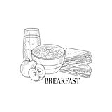 Breakfast With Porridge, Sandwich And Juice Hand Drawn Realistic Sketch