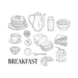 Breakfast Related Isoated Food Items Hand Drawn Realistic Sketch