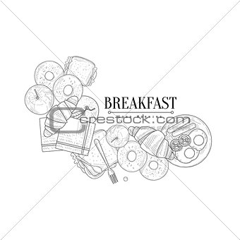 Full English Breakfast Set Hand Drawn Realistic Sketch
