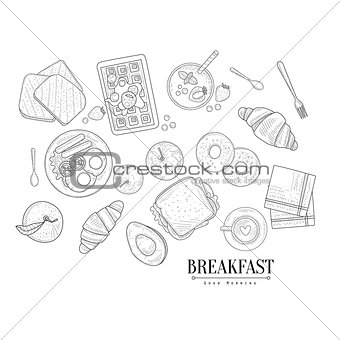 Breakfast Food Isolated Drawings Set Hand Drawn Realistic Sketch