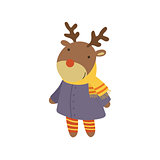 Girl Deer In Blue Warm Coat Childish Illustration
