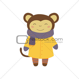 Girl Monkey In Yellow Warm Coat Childish Illustration