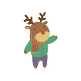 Deer In Green Warm Coat Childish Illustration