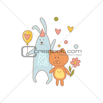 Cat And Rabbit Characters On Birthday Party