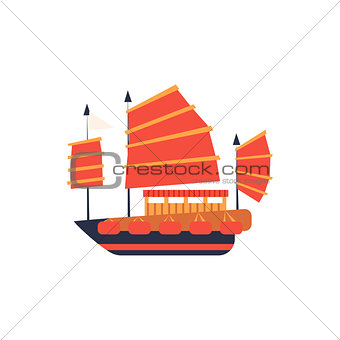 Chines Junk Boat With Red Sail Simplified Icon