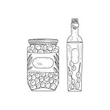 Jar Of Olives And Bottle  Olive Oil Hand Drawn Realistic Sketch