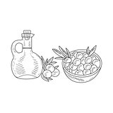 Olives And Jug Of Olive Oil Hand Drawn Realistic Sketch