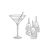 Martini Cocktail With Olive And Canape Hand Drawn Realistic Sketch
