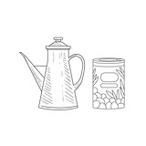 Can Of Olives And Old-school Pitcher Hand Drawn Realistic Sketch
