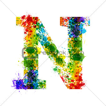 Color Paint Splashes. Gradient Vector Font. Watercolor Designer Decoration Alphabet. Ink Symbols Isolated on a White Background. Letter N