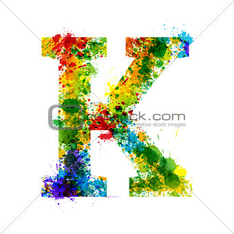 Color Paint Splashes. Gradient Vector Font. Watercolor Designer Decoration Alphabet. Ink Symbols Isolated on a White Background. Letter K