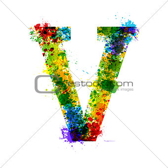 Color Paint Splashes. Gradient Vector Font. Watercolor Designer Decoration Alphabet. Ink Symbols Isolated on a White Background. Letter V