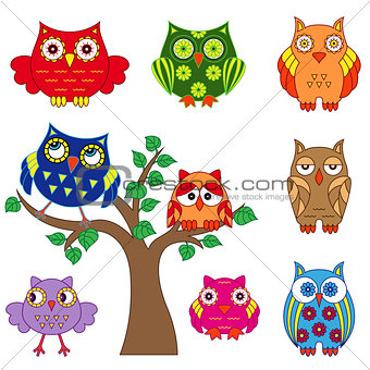 Set of ornamental colorful owls with tree