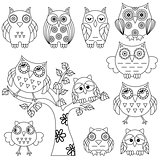 Set of ornamental owl and tree black outlines