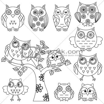 Set of ornamental owl and tree black outlines