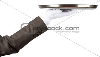 Professional waiter holding empty tray