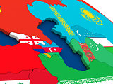 Caucasus region on globe with flags