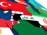 Israel, Lebanon, Jordan, Syria and Iraq region on globe with fla