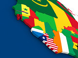 Liberia, Sierra Leone and Guinea on globe with flags