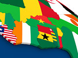 Ivory Coast, Ghana and Burkina Faso on globe with flags
