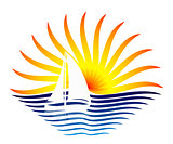 the logo with the sailboat and sun