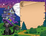 Halloween parchment with cat and house