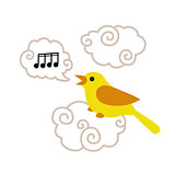 Cute cartoon bird sitting on the cloud and singing song
