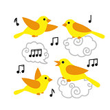 Collection of cute cartoon birds and notes in the sky