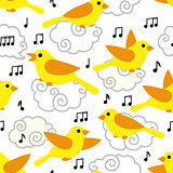 Seamless pattern with cute cartoon birds and notes
