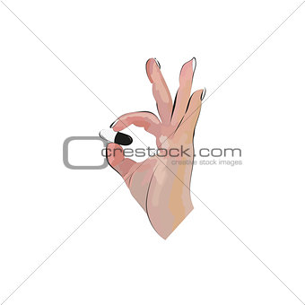Hand holding a pill. Vector Illustration
