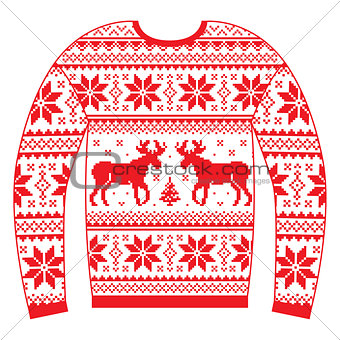 Ugly Christmas jumper or sweater with reindeer and snowflakes red pattern