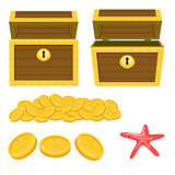 Dower chest isolated cartoon icons and pile of gold coins.