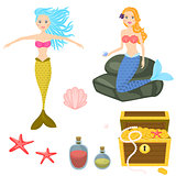 Cartoon mermaids and treasure dower chest clip art vector graphics for game.