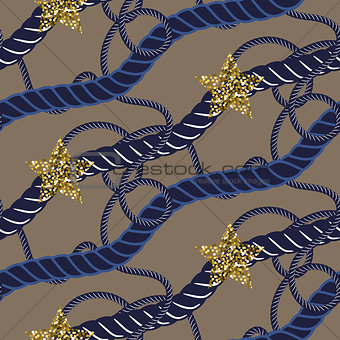 Navy blue marine rope knot seamless pattern with gold star.
