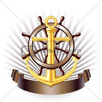 Nautical emblem with golden anchor, vector