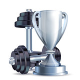 Silver cup with metal realistic dumbbells.